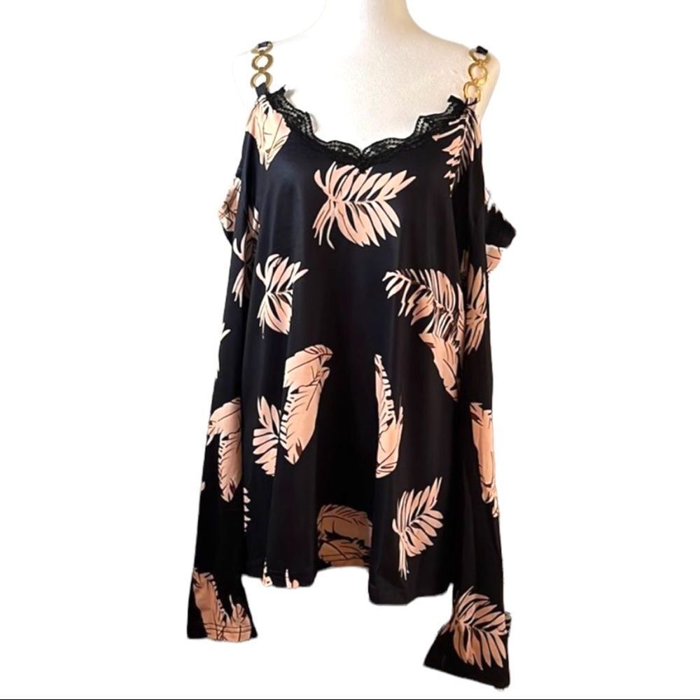 NORACORA black long sleeve cold shoulder embellished strap leaf motif top XXL